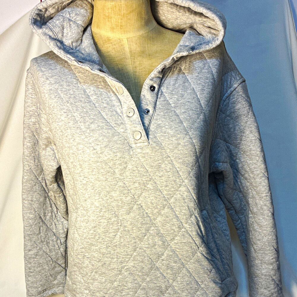 Lands' End Women's Gray Quilted Hooded Henley Pullover Hoodie Size M
